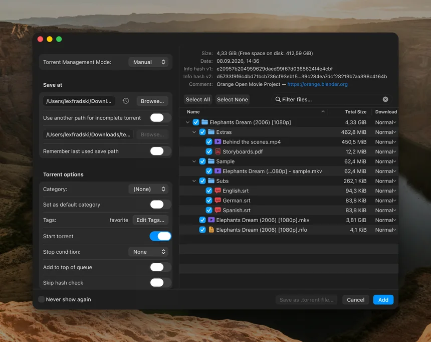 The Add Torrent window with the file tree and options