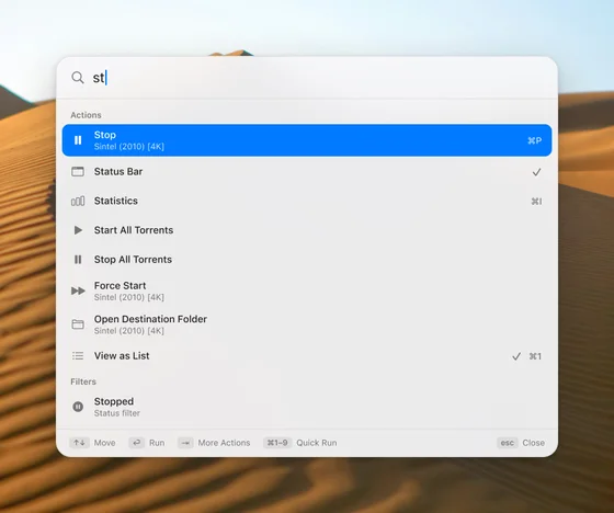 The command palette with matching actions