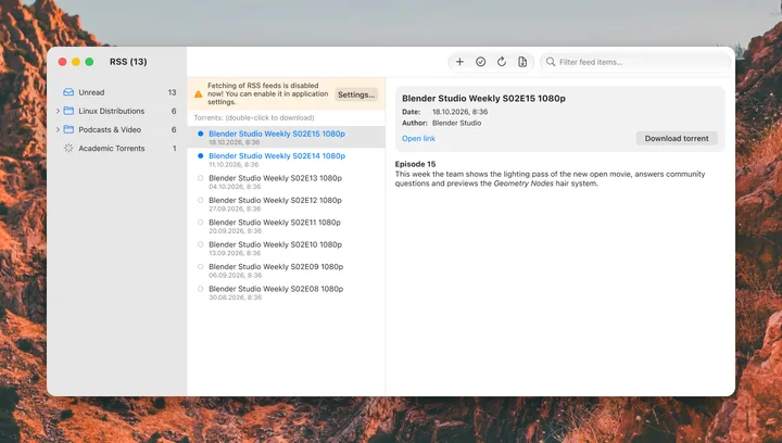 The RSS reader with feeds and articles