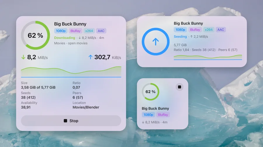 Torrent widgets in three sizes on the desktop